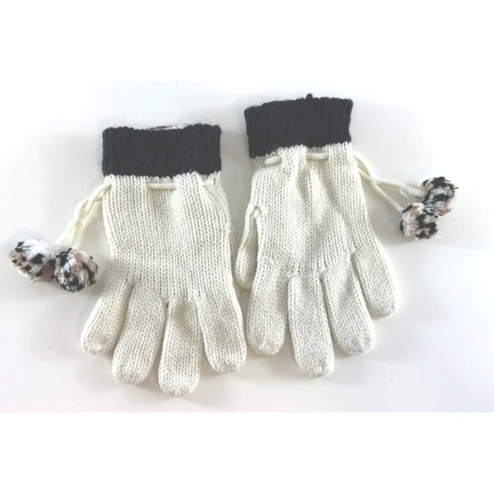Liz Claiborne Knit Gloves with Pom Poms Cream & Black cold weather Cozy‎ 71-14